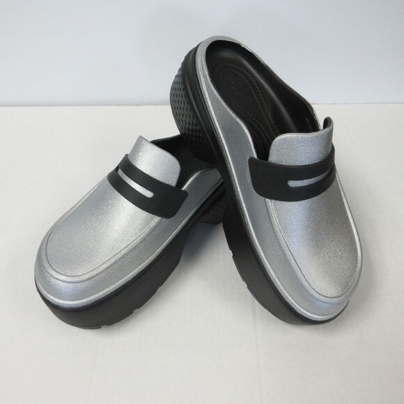 CROCS Stomp Metallic Penny Loafer Womens 8 Black Silver Platform Clog Shoes NEW - Picture 2 of 11